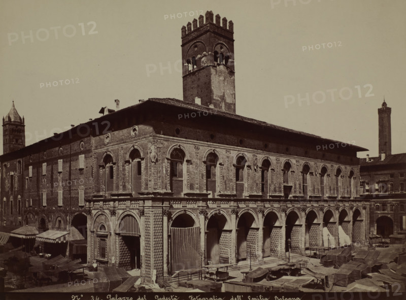 Palazzo del Podestà, Piazza Maggiore, Bologna, around 1880. Creator: Emilia.