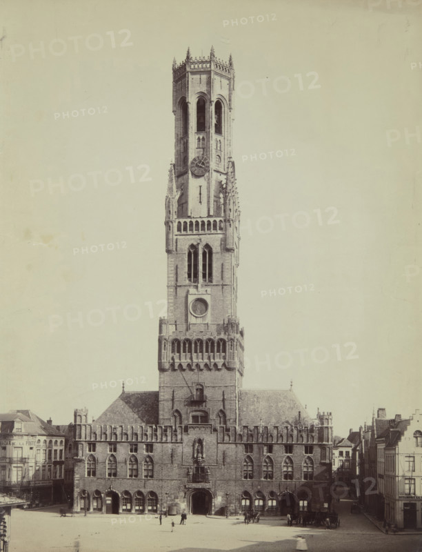 Belfry above the market hall (Cloth Hall) from the northwest from the Markt, Bruges, 1880-1890.  Creator: Unknown.