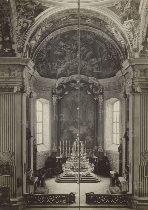 Parish Church of the Corpus Christi - presbytery with main altar retable, Nyasvizh, around 1930. Creator: Boleslaw Tauroginski.