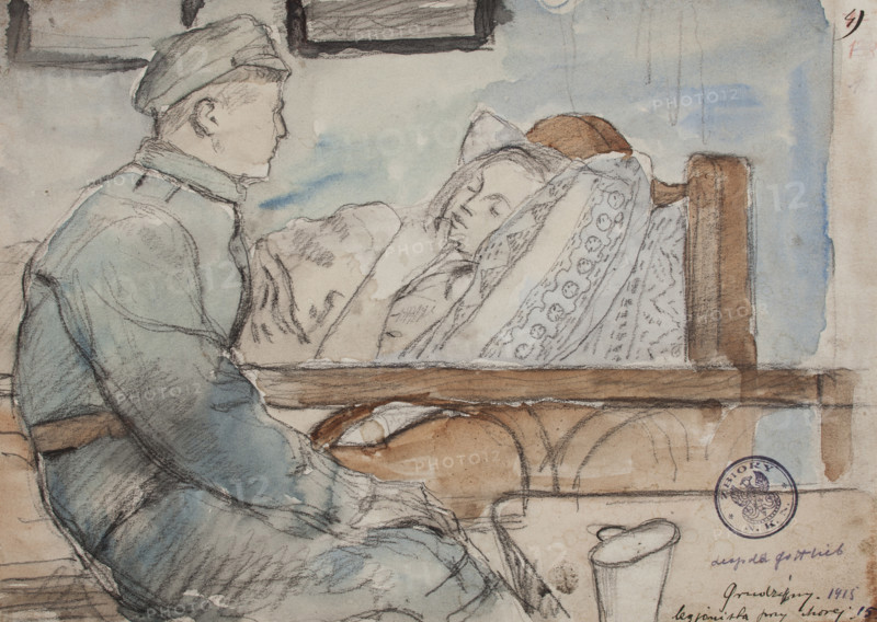 Legionary with a Sick Woman. Grudzyna, 1915, March-May 1915. Creator: Leopold Gottlieb.
