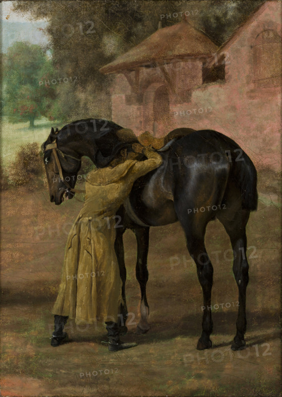 Stableman Saddling a Horse, 1826. Creator: Henryk Zabiello.