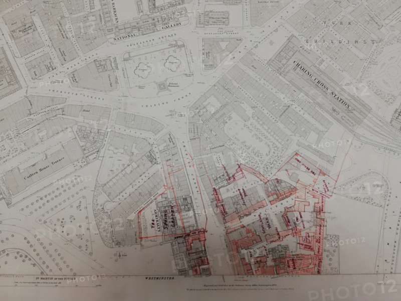 Plan of buildings in Whitehall, Westminster, London, 1874.  Creator: Tom Higgs.