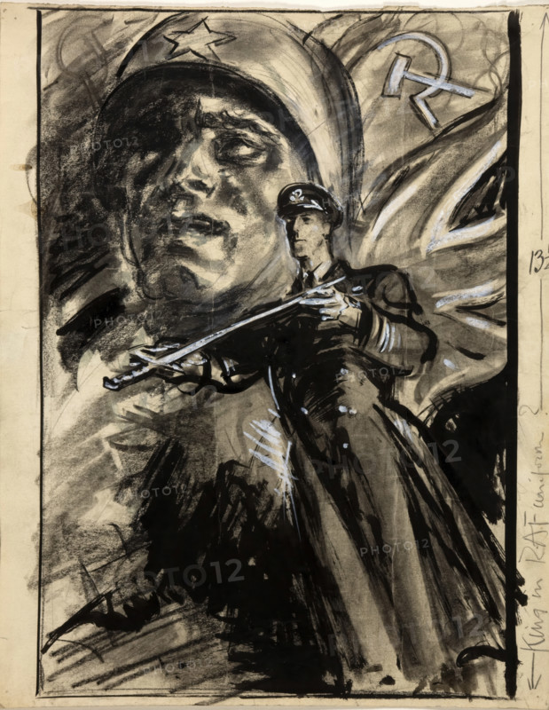 Officer presenting sword; head of Russian soldier with Red Flag and Union Jack, between 1939 & 1946. Creators: Central Office of Information, Unknown.