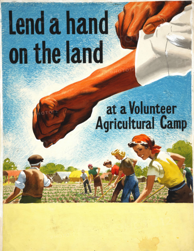 'Lend A Hand On The Land - at a Volunteer Agricultural Camp', World War II poster, c1939-c1945. Creator: John Nunney.