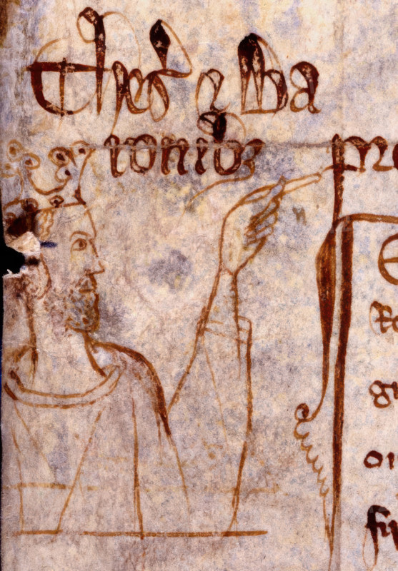 A stubbled King Edward I points to some lettering on a page from a memoranda roll, c1301.  Creator: Unknown.