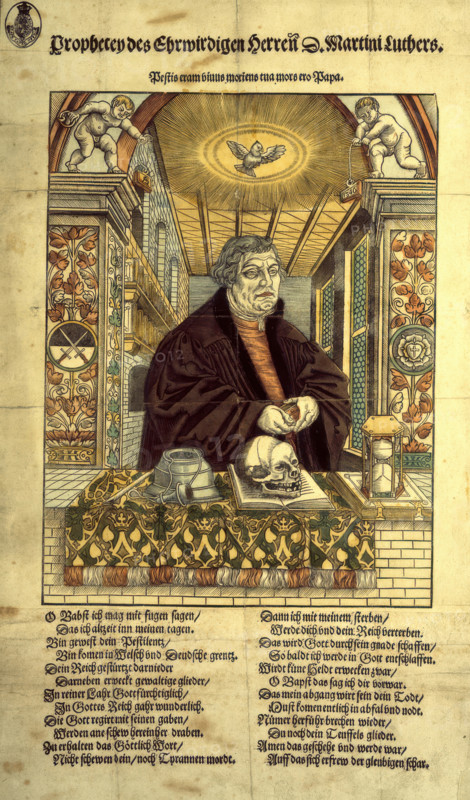 Coloured woodcut portrait of Martin Luther with verses in German, c1546.  Creator: Unknown.