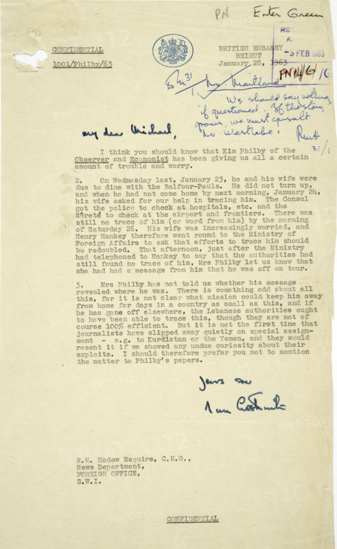 Letter on disappearance of MI6 agent Kim Philby on 23 January 1963. Creator: RM Hadow.