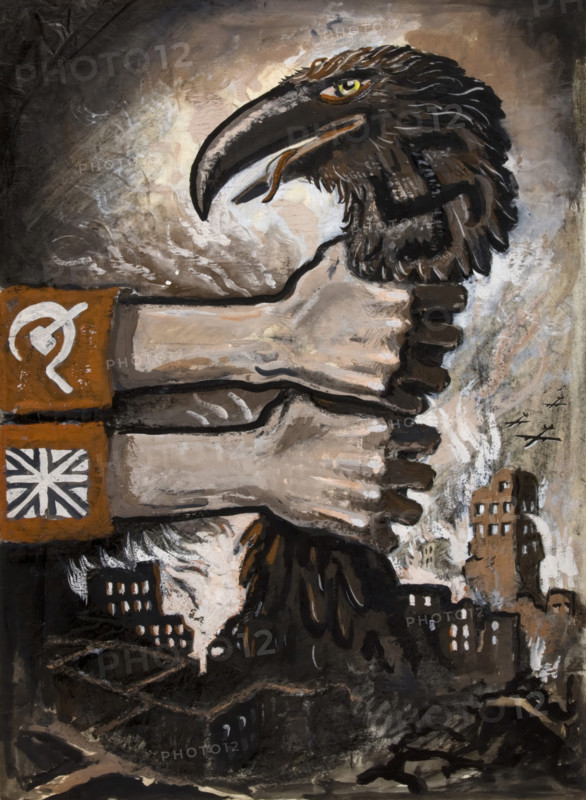 British and Soviet arms grasping neck of predatory bird arising from the..., between 1939 and 1946. Creators: Unknown, Central Office of Information.