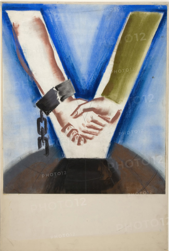 Arms with hands clasped, the arms forming a V-shape, superimposed on globe, between 1939 and 1946. Creators: Unknown, Central Office of Information.