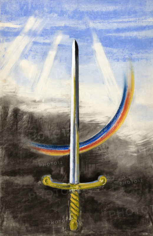 A sword pointing vertically upwards, on a section of rainbow, between 1939 and 1946. Creators: Unknown, Central Office of Information.