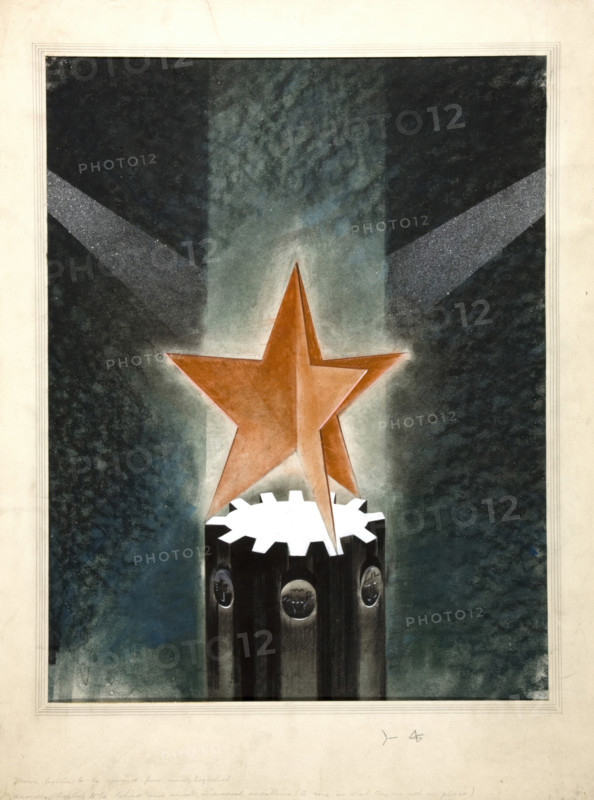 Cog-wheel with tri-star and rays of light, between 1940 and 1946. Creators: Unknown, Central Office of Information.