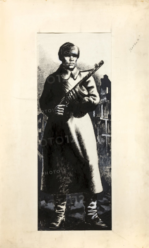 Russian infantryman, standing amidst ruins of town, between 1939 and 1946. Creators: Central Office of Information, Unknown.