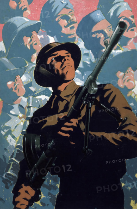 British soldier with bren gun, allied servicemen in background, between 1939 and 1946. Creators: Unknown, Central Office of Information.
