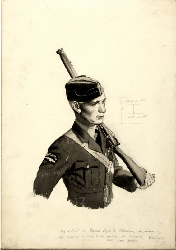 Unity of Strength Rhodesian airman with rifle WWII poster, between 1939 and 1946.  Creators: William Little, Central Office of Information.