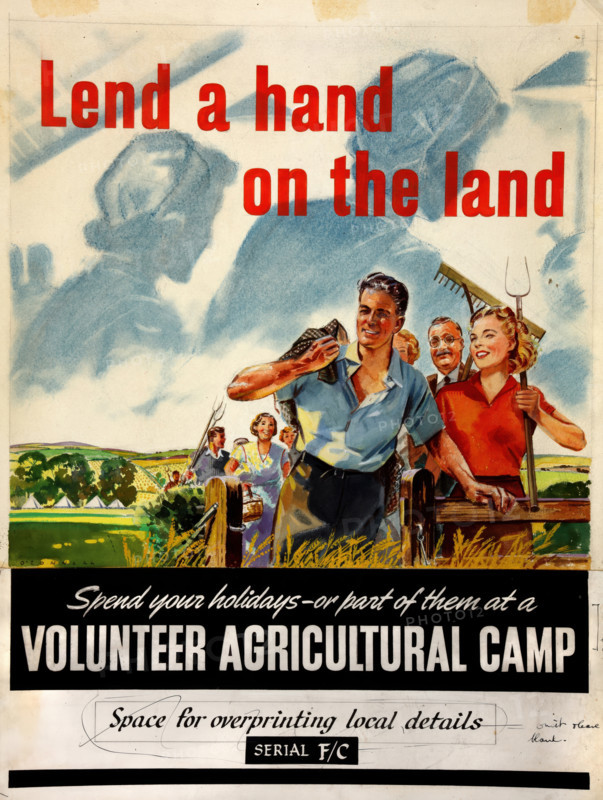 'Lend a hand on the land. Spend your holidays - or part of..., WWII poster, between 1939 and 1946. Creators: Central Office of Information, Michael O'Connell.
