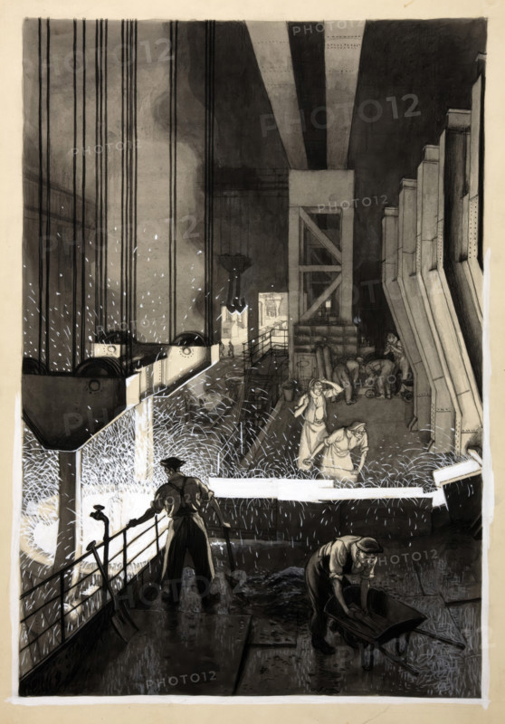 Foundry scene (men supervising pouring of molten metal), between 1939 and 1946. Creators: Unknown, Central Office of Information.
