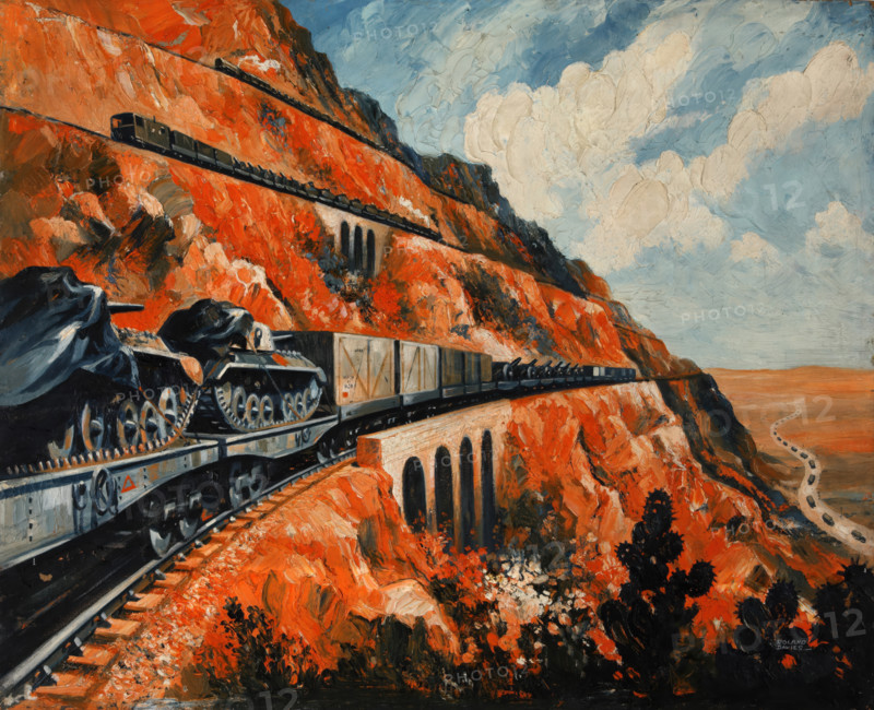 Mountain railway transporting tanks, between 1939 and 1946. Creators: Central Office of Information, Roland Davies.