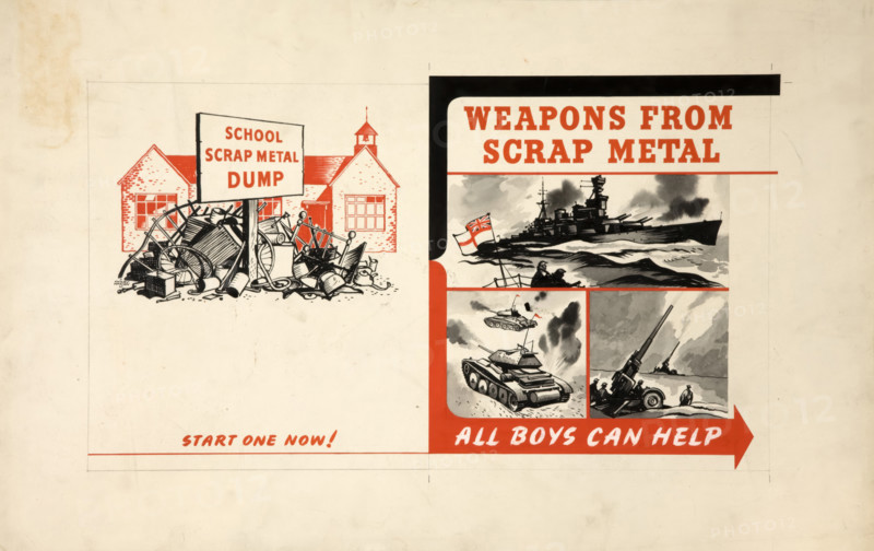 'School scrap metal dump - start one now! Weapons from...', WWII poster, between 1939 and 1946. Creator: Central Office of Information.