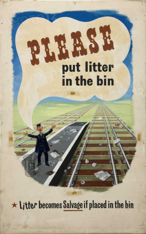 'Please put litter in the bin. Litter becomes salvage if...', WWII poster, between 1939 and 1946. Creators: Central Office of Information, Unknown.
