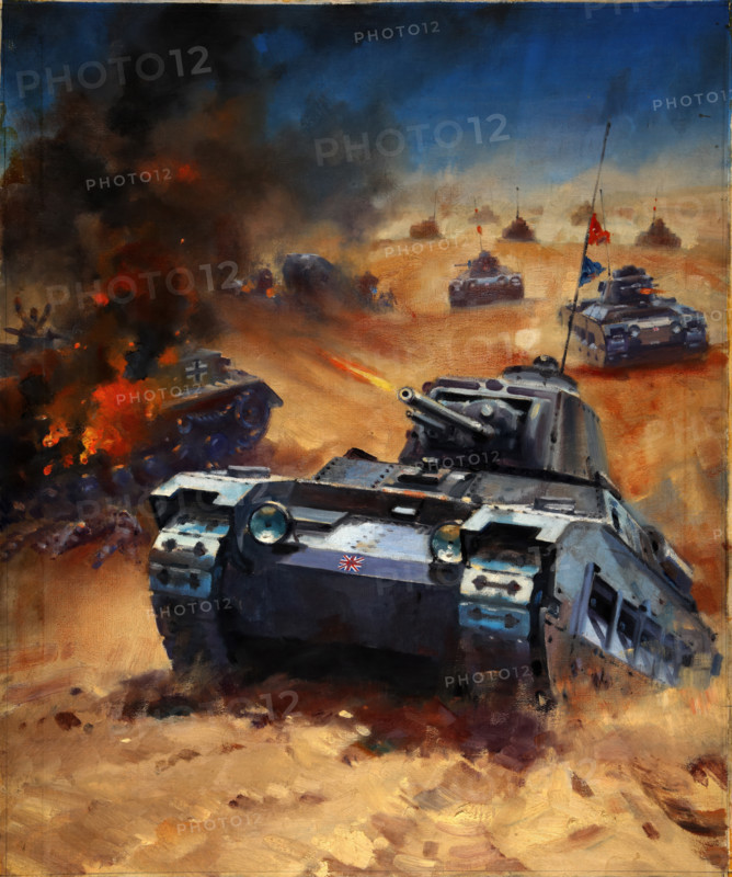 British tanks advance across a desert landscape, between 1939 and 1946. Creators: Central Office of Information, William Krogman.
