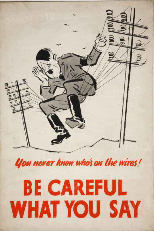 'You never know who's on the wires! Be careful what you say', WWII poster, between 1939 and 1946. Creator: Central Office of Information.