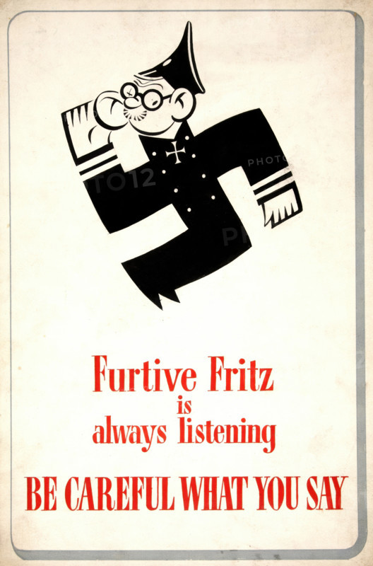 'Furtive Fritz is always listening. Be careful...', swatika, WWII poster, between 1939 and 1946. Creators: Central Office of Information, Unknown.