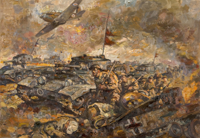 British soldiers and tanks advancing, between 1939 and 1946. Creators: Central Office of Information, Unknown.