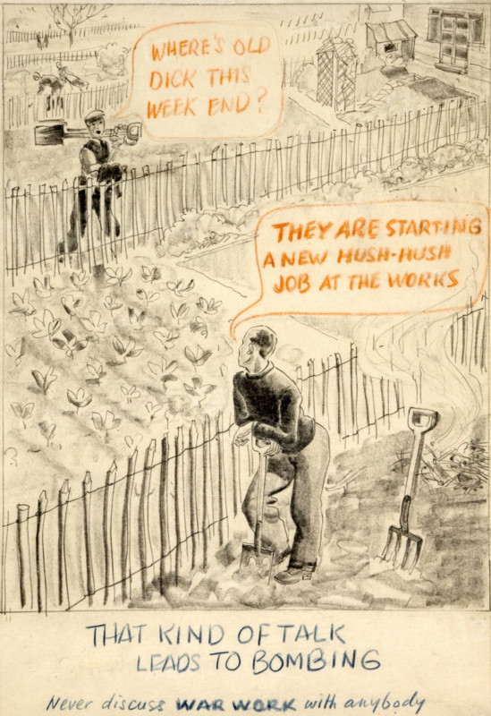 'That kind of talk leads to bombing. Never discuss war...', WWII poster, between 1939 and 1946. Creators: Central Office of Information, Unknown.