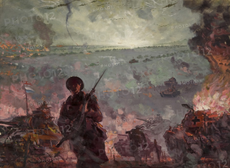 Silhouette of soldier with bayonet in foreground of coastal attack scene..., between 1939 and 1946. Creators: Unknown, Central Office of Information.