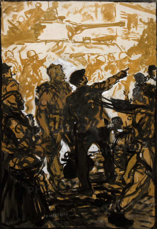 Unity of Strength WWII poster: Troops and tank moving through crowded..., between 1939 and 1946. Creators: Central Office of Information, Unknown.
