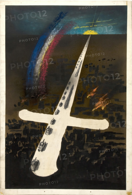 Unity of Strength WWII poster: Tanks pointing into sun on horizon..., between 1939-1946. Creators: Central Office of Information, Unknown.