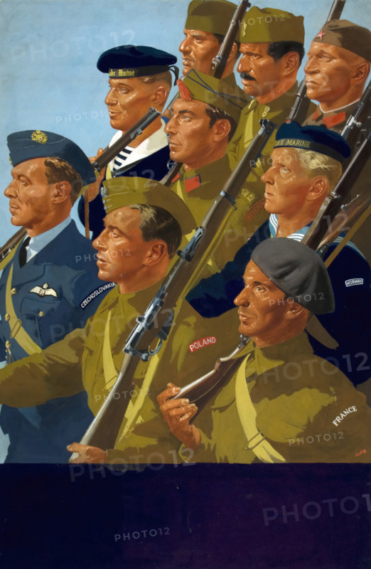 Unity of Strength - Free European servicemen marching World War II poster, between 1939 and 1946. Creators: Central Office of Information, William Little.