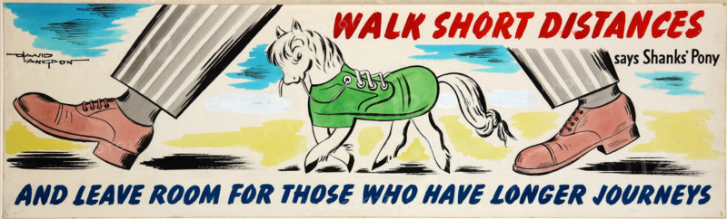'Walk short distances says Shanks' Pony and leave room for...', WWII poster, between 1939 and 1946. Creators: Central Office of Information, David Langdon.
