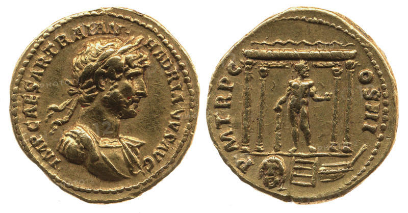 Aureus of Hadrian. Obverse: Laurel head of Hadrian on the right. Reverse: Statue of Hercules, 119... Creator: Numismatic, Ancient Coins  .