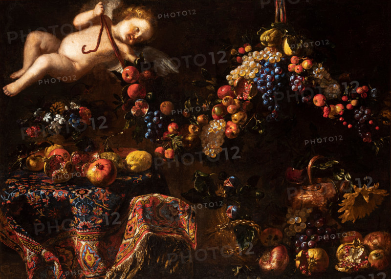 Still Life with a Turkish Carpet and a Putto Holding a Garland of Fruit, c1650. Creator: Noletti (il Maltese), Francesco (1611-1654).