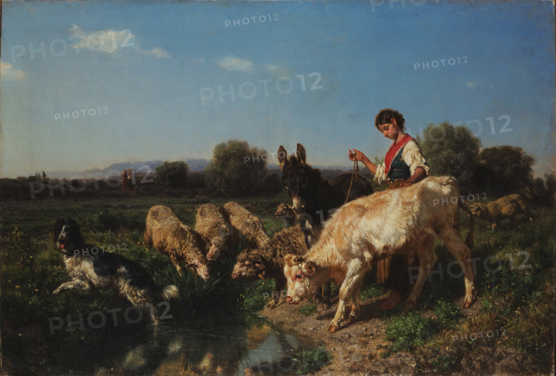 At the watering place. Pastoral scene. Midday. Group of goats and children, 1867. Creator: Palizzi, Filippo (1818-1899).
