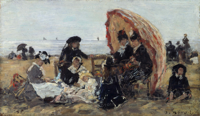 Sur la plage de Trouville à l'abri du parasol, 1885. Creator: Boudin, Eugène-Louis (1824-1898).