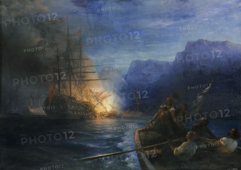 The Burning of the Ottoman flagship off Chios by Konstantinos Kanaris , 1881. Creator: Aivazovsky, Ivan Konstantinovich (1817-1900).