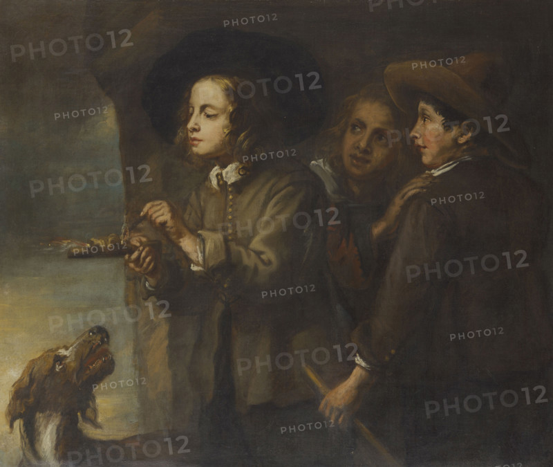 Three boys lighting a stick of gunpowder, 17th century. Creator: Cossiers, Jan, (Circle) (1600-1671).