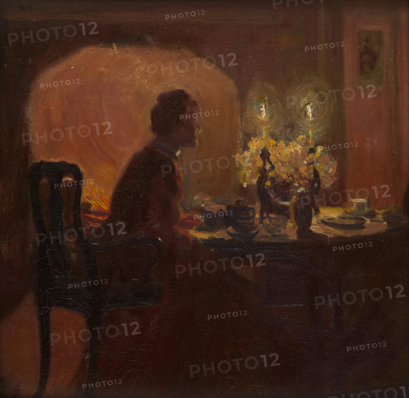 Tea by candlelight. Creator: Lobley, John Hodgson (1878-1954).