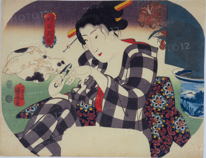 Beauty cutting her nails. From the Series "The Universe of Women" (Shinramanzo), c1842-1845. Creator: Kuniyoshi, Utagawa (1797-1861).