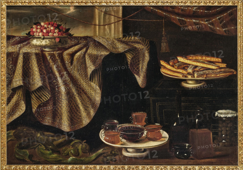 Cherries in a porcelain bowl on a draped table, a plate of cookies, jars of honey..., Early 18th cen Creator: Anonymous.