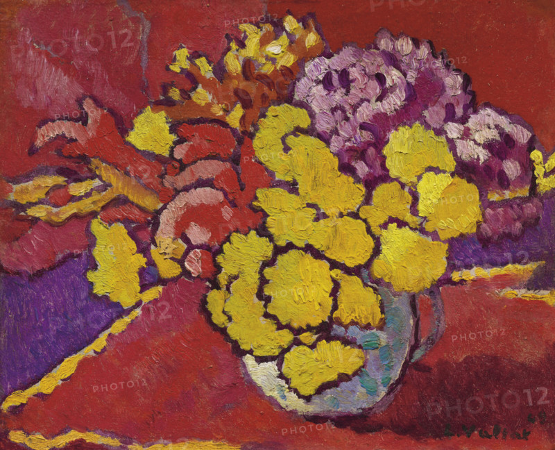 Yellow flowers, red drapery (Fleurs jaunes, draperie rouge) , 1944. Creator: Valtat, Louis (1869-1952).