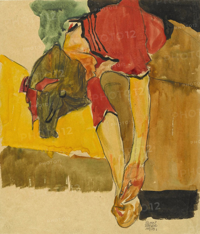 Girl Putting on Shoe , 1910. Creator: Schiele, Egon (1890-1918).