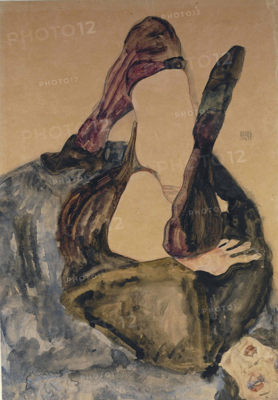 Woman with Raised Leg and Purple Stockings, 1911. Creator: Schiele, Egon (1890-1918).