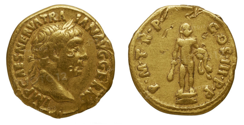 Aureus of Trajan. Obverse: Laurel head of Trajan on the right. Reverse: Statue of Hercules naked. Creator: Numismatic, Ancient Coins  .