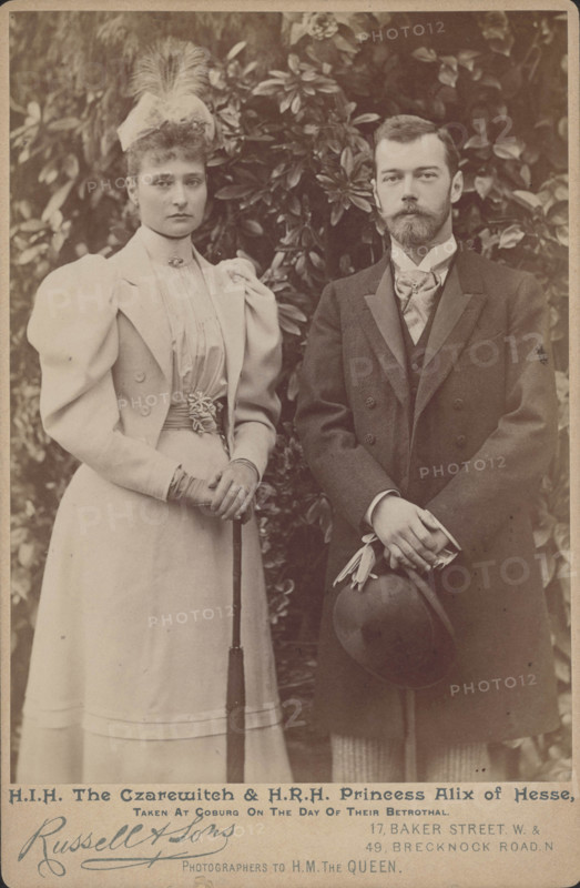 Princess Alix of Hesse and the Tsarevich Nicholas at Coburg on the day of their betrothal, 1894. Creator: Photo studio J. Russell & Sons, London  .