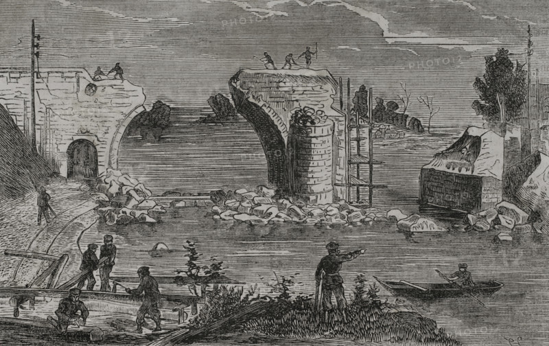 Franco-Prussian War (1870-1871): Reparation of the railway bridge over the Marne river at Trilport.. Creator: Unknown.