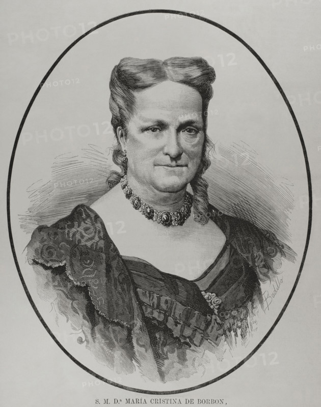 María Cristina de Borbón of the Two Sicilies (1806-1878), Queen consort of Spain, 1878. Creators: Félix Badillo, Arturo Carretero y Sánchez.