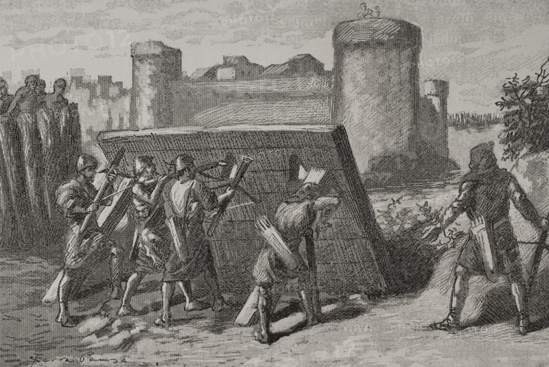 Siege of Barcelona in 801: Frankish soldiers protected behind a mantlet, 1890.  Creator: Joan Serra y Pausas.